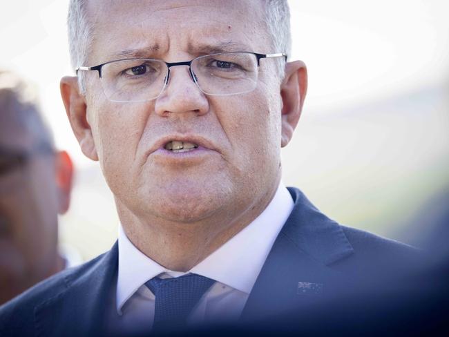 PORTLAND, VICTORIA, AUSTRALIA - NewsWire Photos MARCH 19, 2021.The Hon. Scott Morrison MP Prime Minister visits the Portland Aluminium smelter, to announce funding. PM Scott Morrison speaking to the press. Picture: NCA NewsWire / Nicole Cleary