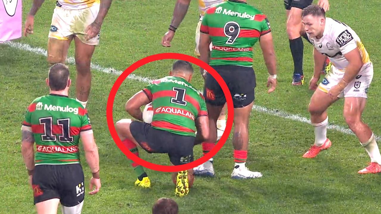 Latrell Mitchell caught then snoozing. Photo: Fox League.