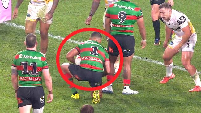 Latrell Mitchell caught then snoozing. Photo: Fox League.