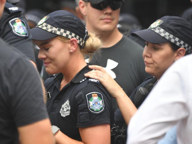 Memorial police service for Constable Matthew Arnold and Constable Rachel McCrow at Townsville Police Station. Constable Bree Lochyear, who went through police academy with Rachel wipes away tears. Picture: Evan Morgan