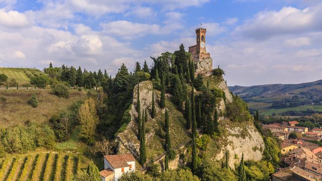 Brisighella’s clock tower looms over the town.