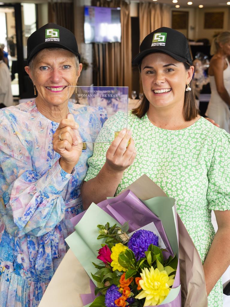 Allana O'Leary representing Are You Bogged Mate? (right) accepts the Woman of the Year award on behalf of Mary O'Brien from Zonta Club of Toowoomba Area president Barb Grey at the International Women's Day luncheon at Picnic Point, Friday, March 4, 2022. Picture: Kevin Farmer