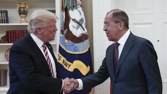 The Kremlin blindsided the White House by tweeting photos of Donald Trump and Russian Ambassador Sergey Lavrov during a closed meeting in the Oval Office. Picture: AFP/Russian Foreign Ministry