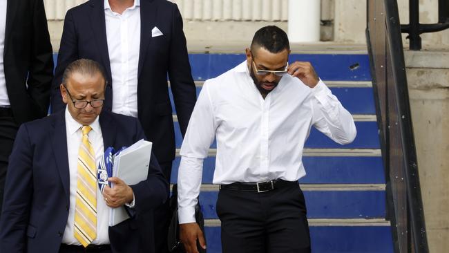 DAILY TELEGRAPH OCTOBER 31, 2024. Canterbury winger Josh Addo-Carr leaving Belmore Sports Ground with his lawyer Elias Tabchouri after a meeting with the Bulldogs board over his drug driving scandal. Picture: Jonathan Ng