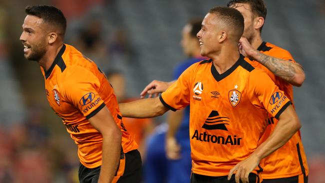 Brad Inman celebrates scoring Brisbane Roar’s goal against the Jets. Picture: Getty Images