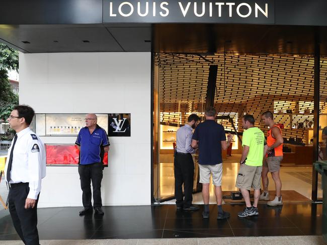 Louis Vuitton's damaged doors after a ram raid on their CBD store, Brisbane. Photographer: Liam Kidston