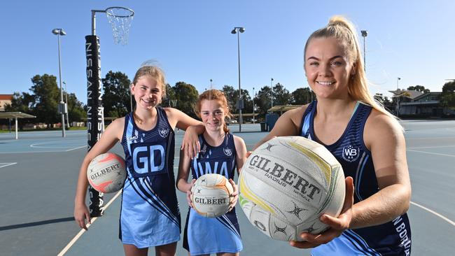 The Netball SA Country Championships will be live streamed by The Advertiser over the June long weekend. Tenille Gray (right) will represent her home region, with fellow Western Border players Emily Denton and Piper Paul. Picture: Keryn Stevens