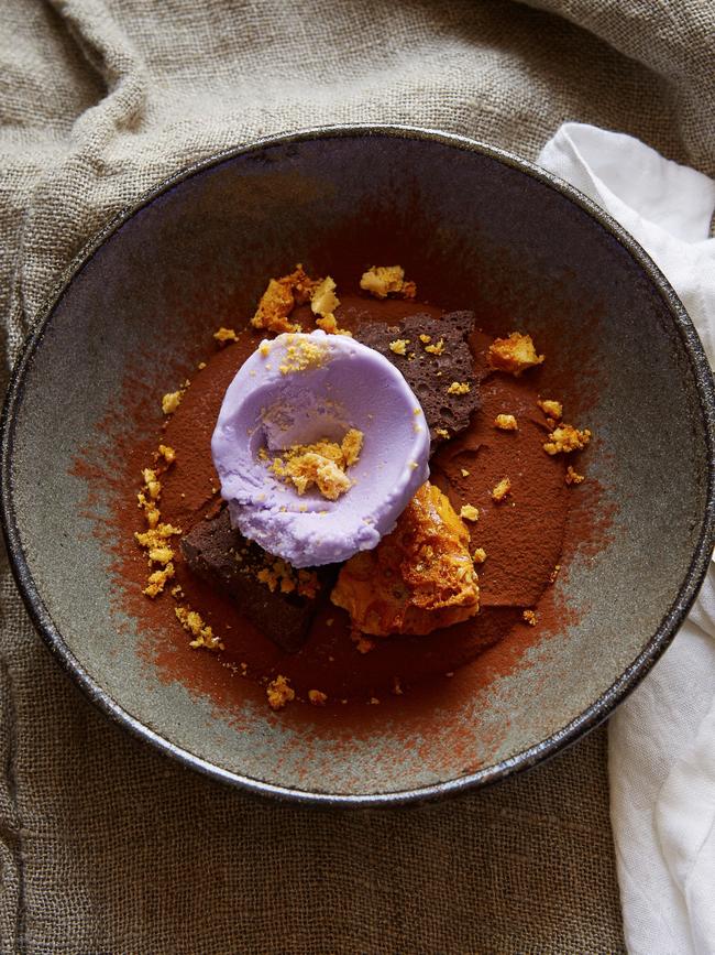 Chocolate mousse with violet ice cream from Darren Purchese's Lamingtons and Lemon Tarts cookbook.