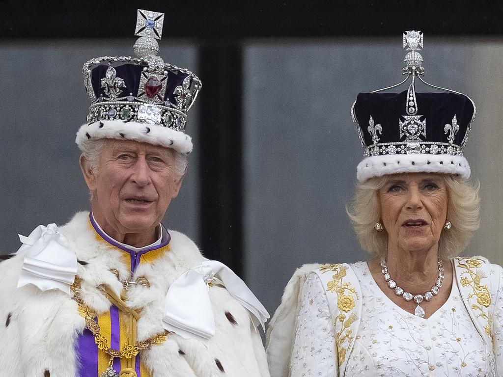 King Charles III and Queen Camilla are seen on the Buckingham Palace balcony during the fly-past during the Coronation on May 06, 2023. Picture: Christopher Furlong/Getty Images