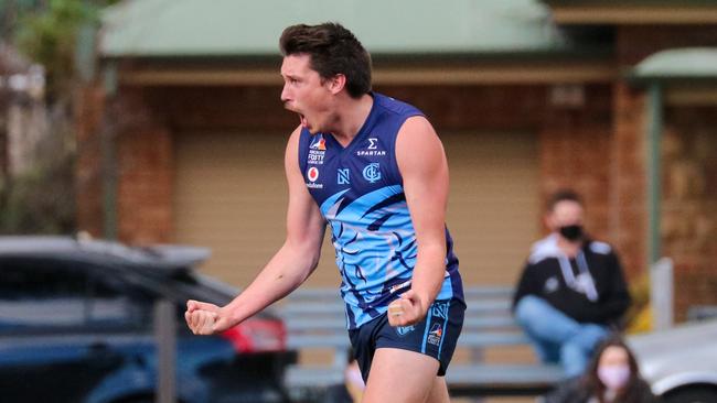 Glenunga star Michael McMahon celebrates one of his three goals in the Rams' win over PHOS Camden on Saturday. Picture: Brayden Goldspink