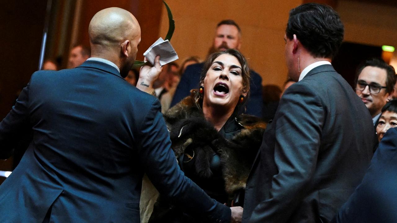 Senator Thorpe stages a protest as Britain's King Charles and Queen Camilla attend a Parliamentary reception in Canberra. Picture: Victoria Jones/Pool via REUTERS