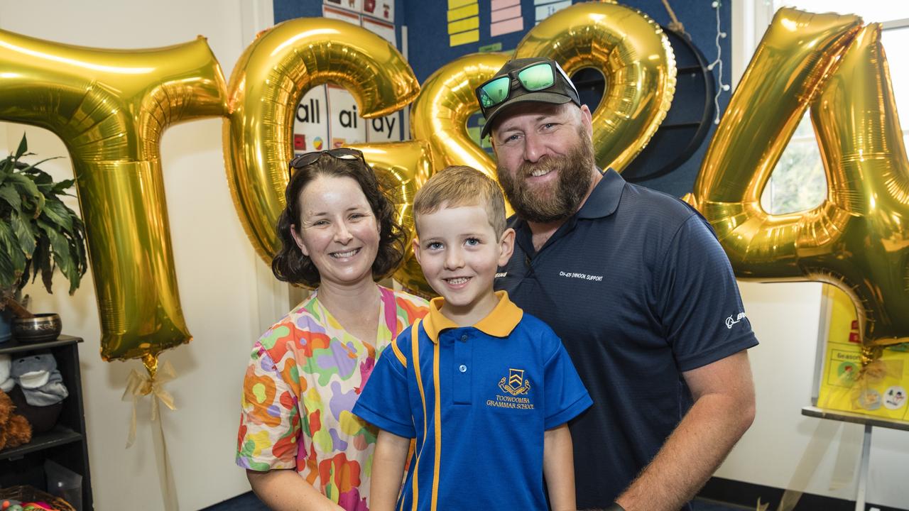 Toowoomba Grammar School Prep student Andy Bryant with parents Bron and Jim Bryant on the first day of school, Tuesday, January 23, 2024. Picture: Kevin Farmer