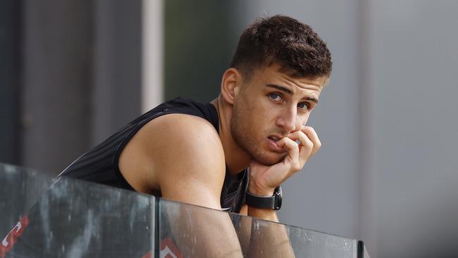 NCA. MELBOURNE, AUSTRALIA. 12th March, 2025 .  AFL.  Collingwood training at Olympic Park . Nick Daicos of the Magpies watches on during a 20 min match simulation during todays session at Olympic Park.  Picture: Michael Klein