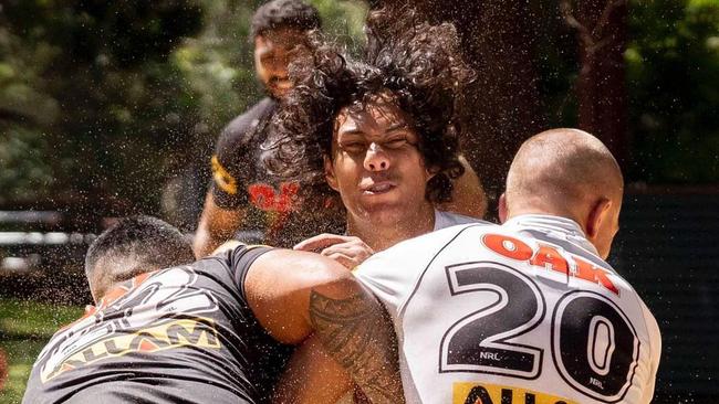 Jarome Luai hit hard during a sand pit drill. Source: Penrith Panthers