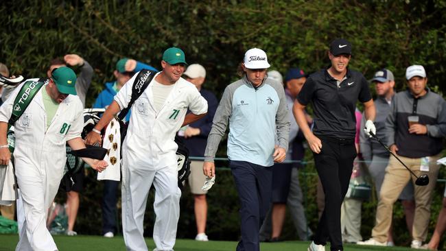 Cameron Smith and Cameron Davis of Australia get in a practice round prior to the Masters at Augusta. Picture: Gregory Shamus/Getty Images