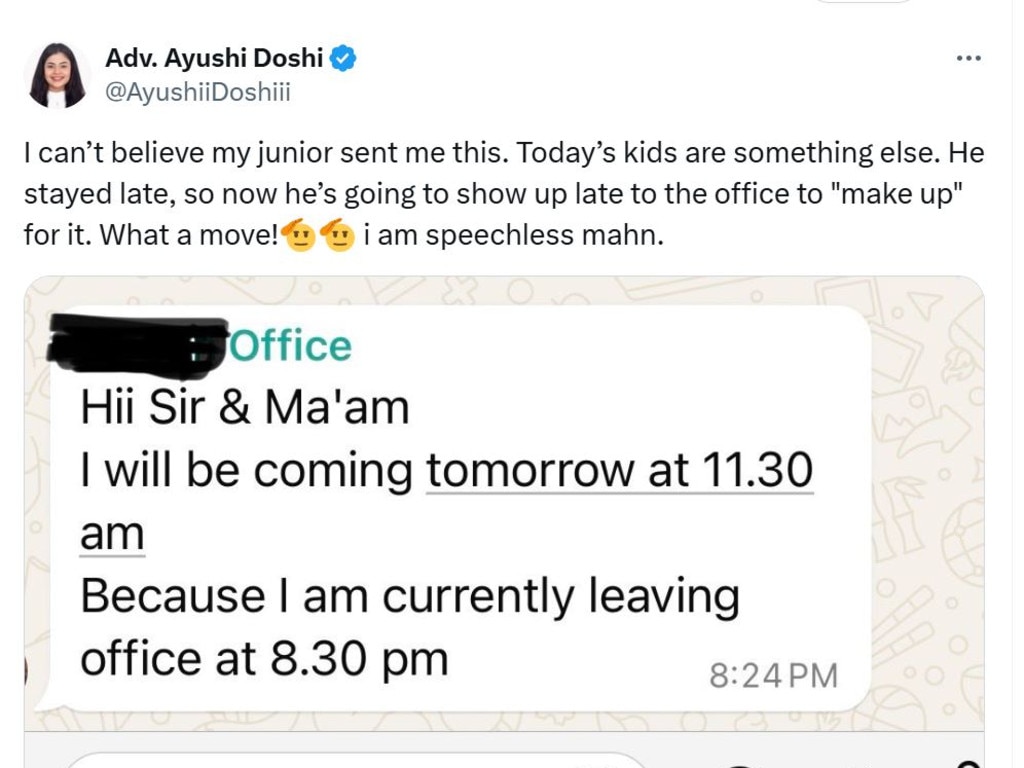 Advocate Ayushi Doshi shared a message her junior colleague sent to her office chat. Picture: Ayushi Doshi /X