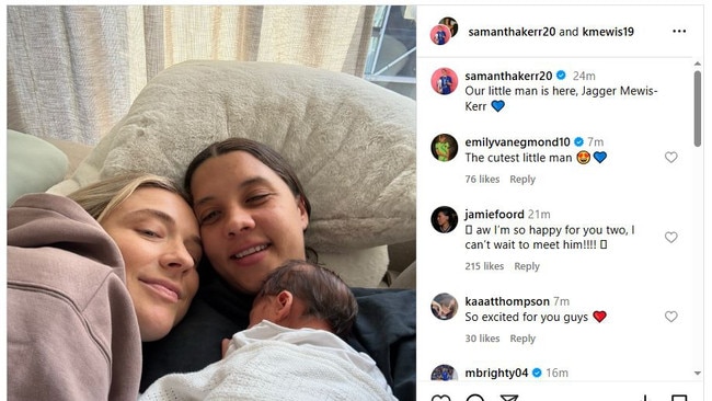 Sam Kerr and her partner Kristie Mewis have announced the birth of their son Jagger Mewis-Kerr to instagram. 