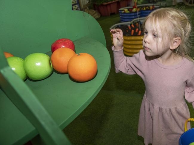 Willow Chapman 4yo enjoys the Little Backyaed Farmers. Toowoomba Royal Show. Saturday, April 1, 2023. Picture: Nev Madsen.