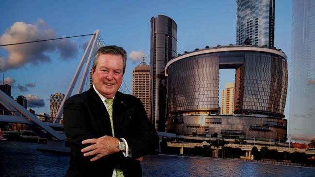 Star chairman John O’Neill in 2020 with an image of the Queen’s Wharf project now being constructed in Brisbane. Picture: AAP