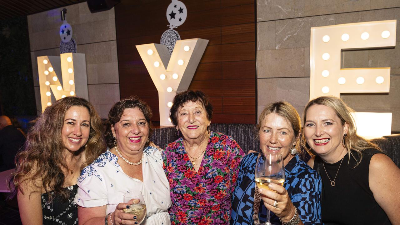 Celebrating New Year's Eve at Fitzy's are (from left) Lorelle Fox, Karen Bidgood, Barbara Burton, Helen Pascoe and Rachel Lane, Tuesday, December 31, 2024. Picture: Kevin Farmer