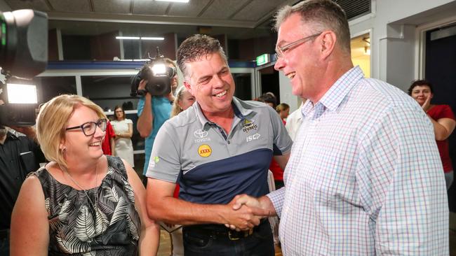 Incumbent members Coralee O'Rourke (Mundingburra), Aaron Harper (Thuringowa) and Scott Stewart (Townsville) at the Townsville AWU Hall for post election vote counting. 2017 QLD State Election. 25/11/2017. Photo: Michael Chambers