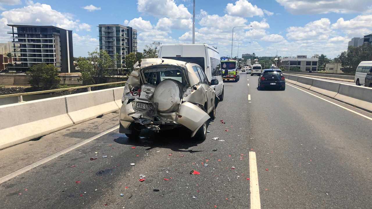 Three vehicles, including a truck, were involved in a crash on the Neville Hewitt Bridge shortly before 1pm. Picture: Contributed