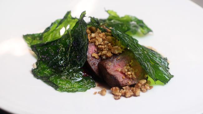 Wagyu with Davidson plums sunflower seeds and wagyu fat from Old Tom. Photo by Richard Gosling