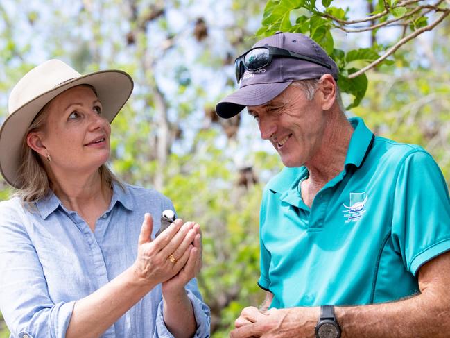 Environment Minister Sussan Ley and Lady Elliot Island's Pater Gash, who planted his first tree on the island in 1999, with a young White Capped Noddy. Picture: Luke Marsden