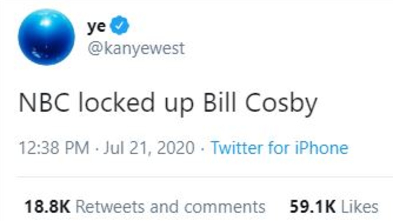 Kanye West included a tweet about Bill Cosby in his alarming rant. Picture: Twitter.