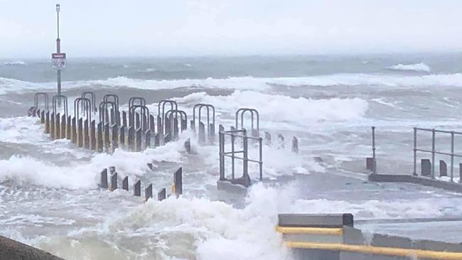 Part of the Frankston Pier has broken off in the wild weather this morning.Photos: Sarah Maree Facebook