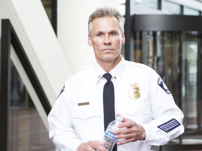 Minneapolis Police Lieutenant Daniel May leaves the Hennepin County Government Center after testifying. Picture: Angus Mordant for Newscorp Australia