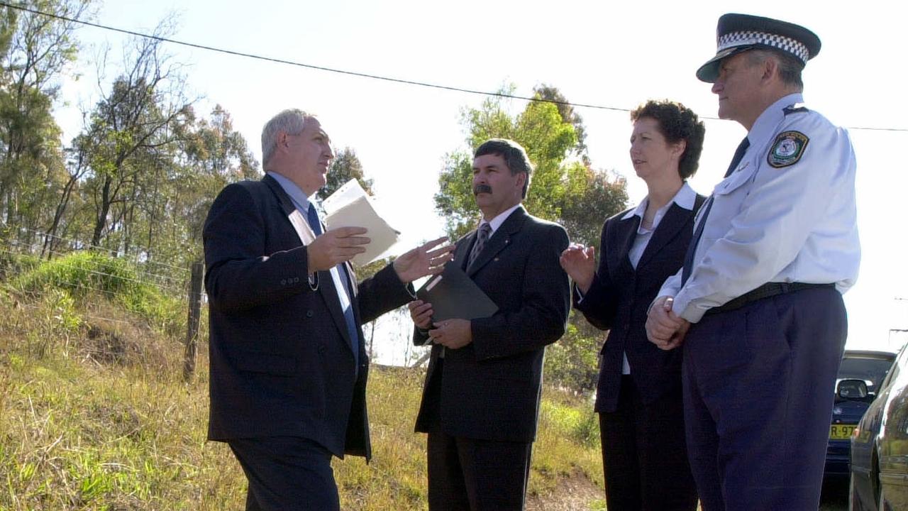 Mick Ashwood, Canadian Mountie and geographic profiler Scot Filer, NSW criminal profiler Kris Illingsworth and former Police Commissioner Ken Maroney at one of the scenes connected to Rachelle Childs’ murder in Bargo. Picture: Tracee Lea story Tony Wall