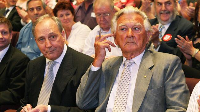 Former Labor PMs Paul Keating and Bob Hawke at Kevin Rudd’s campaign launch in 2007. Picture: William West/AFP