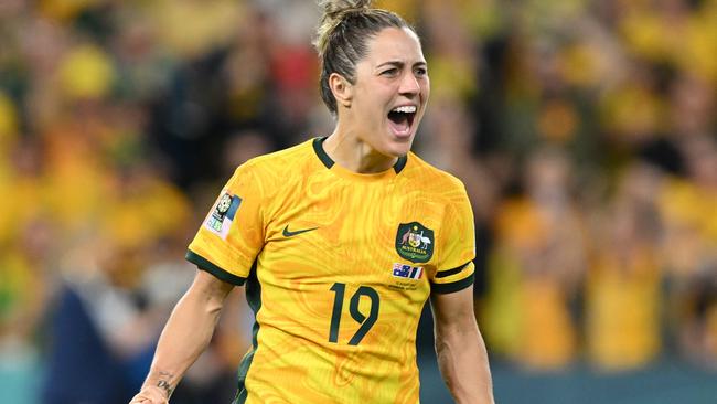 BRISBANE, AUSTRALIA - AUGUST 12: Katrina Gorry of Australia celebrates scoring her team's sixth penalty in the penalty shoot out during the FIFA Women's World Cup Australia & New Zealand 2023 Quarter Final match between Australia and France at Brisbane Stadium on August 12, 2023 in Brisbane / Meaanjin, Australia. (Photo by Bradley Kanaris/Getty Images)