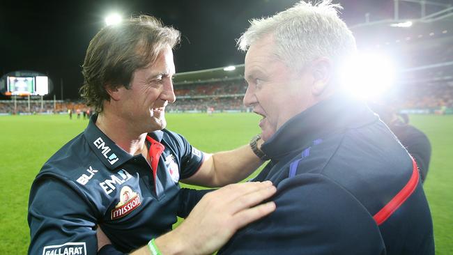 Luke Beveridge and Bulldogs president Peter Gordon after the match. Picture: Michael Klein