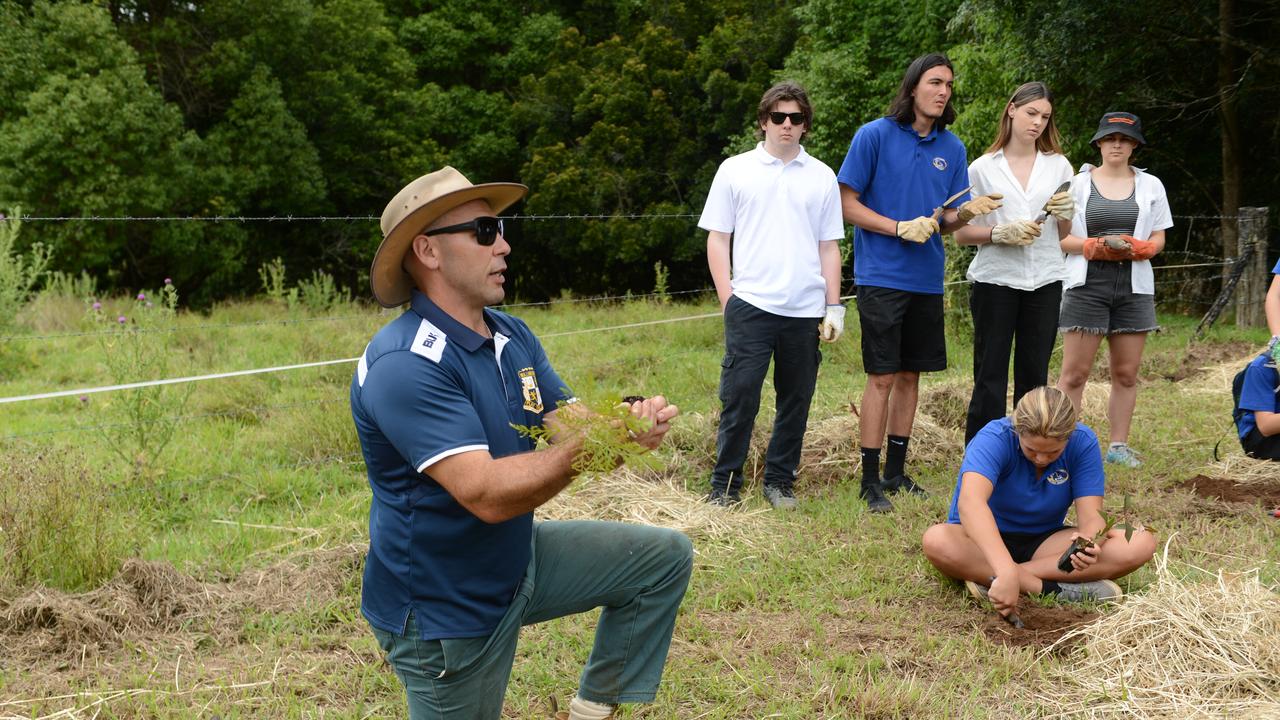 Mullumbimby High School teacher Max Binkley speaks to students at his property as part of the new project, Trees for Koalas - Connecting Communities. The project is aimed at increasing the number of koala food trees on private properties within the Byron Shire. The group toured a Binna Burra property on Tuesday, October 27, before planting 400 new koala food trees to build upon existing plantation works. Picture: Liana Boss