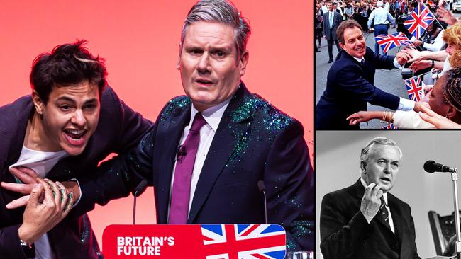 Keir Starmer during an appearance hijacked by a protester and, clockwise from main, former prime ministers Tony Blair and Harold Wilson. Picture montage: The Times