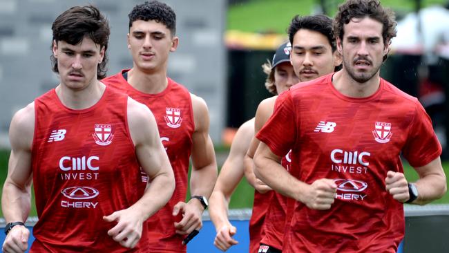 James Van Es, Anthony Caminiti, and Max King at St Kilda training. Picture: Andrew Henshaw