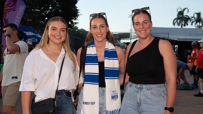 Amelia Moulds-Packham, Chloe Syme and Emily Field at the 2024 AFL match between Gold Coast Suns and North Melbourne at TIO Stadium. Picture: Pema Tamang Pakhrin