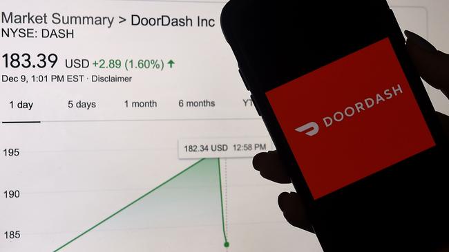 The Doordash logo is displayed on a mobile phone screen. Picture: AFP