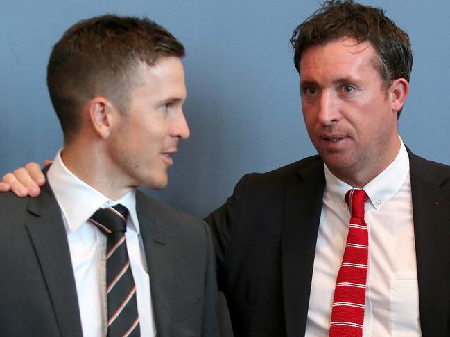 Brisbane Roar captain Matt McKay and Liverpool legend Robbie Fowler at Suncorp stadium to promote the Reds' clash with the Roar at Suncorp Stadium in July. Pic Jono Searle.