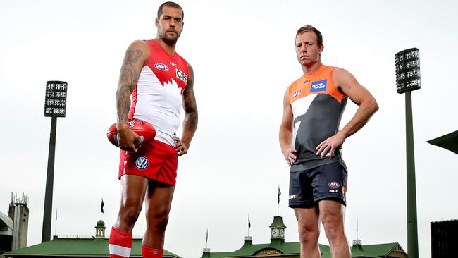 Lance Franklin and Steve Johnson will face off in the Sydney derby. Picture: Gregg Porteous