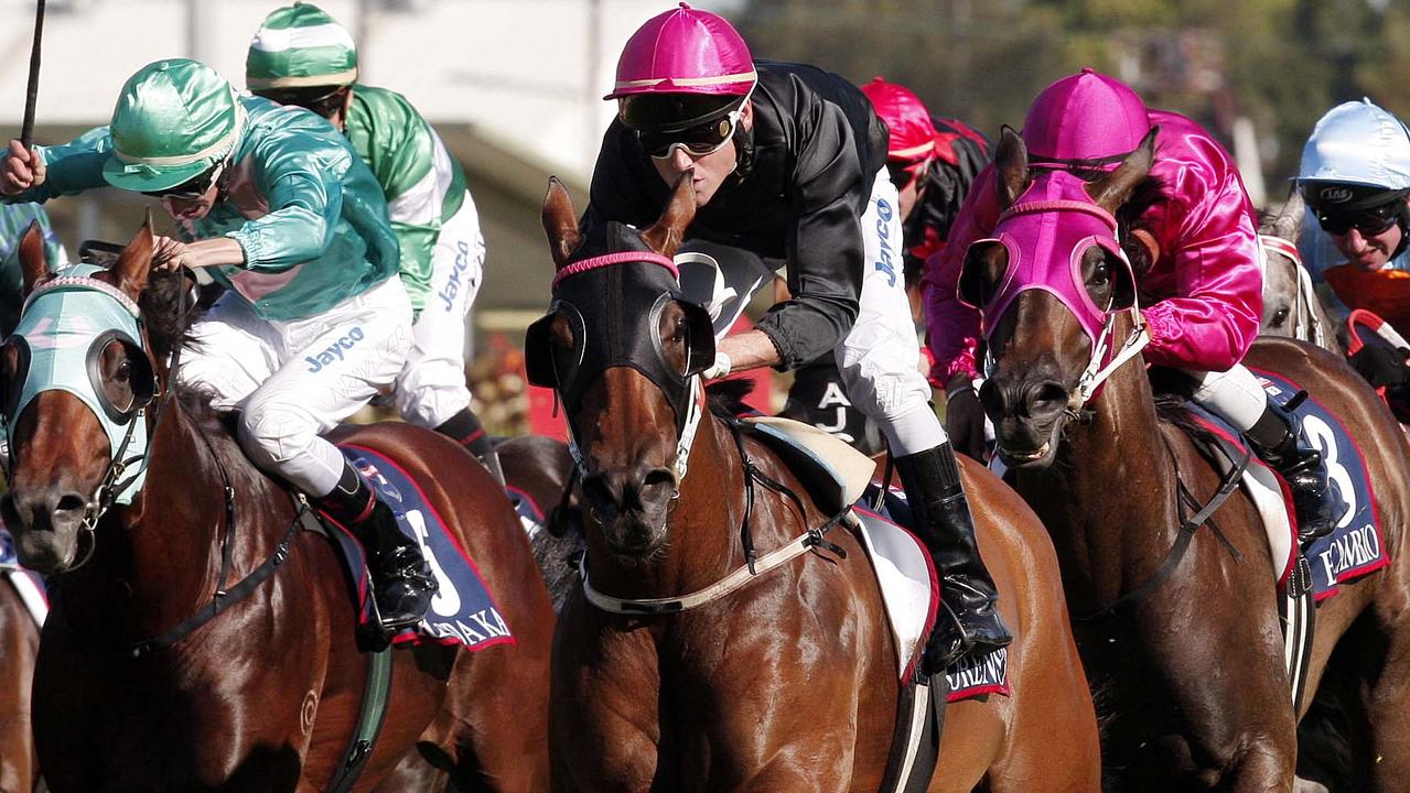 Racehorse Forensics ridden by jockey Danny Nikolic winning Race 7 on Golden Rose Day at Rosehill Gardens racecourse in Sydney.