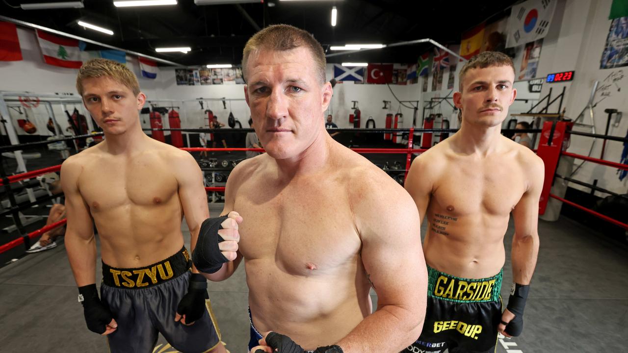 DAILY TELEGRAPH, April 14, 2022: Paul Gallen (centre) alongside Nikita Tszyu (left) and Harry Garside (right) pictured at the Bondi Boxing club in Waterloo. The three boxers will feature in the first ever triple-header boxing show for Main Event on May 11. Picture: Damian Shaw