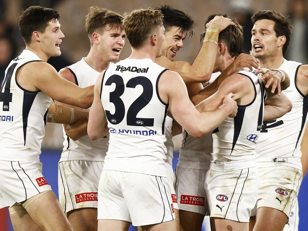 The Blues will hope to continue their winning ways against Geelong next week. (Photo by Daniel Pockett/AFL Photos/via Getty Images)