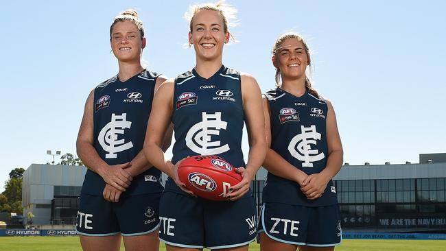Carlton AFLW captain Lauren Arnell (centre) with her vice-captains Brianna Davey and Madeleine Keryk. Picture: David Smith