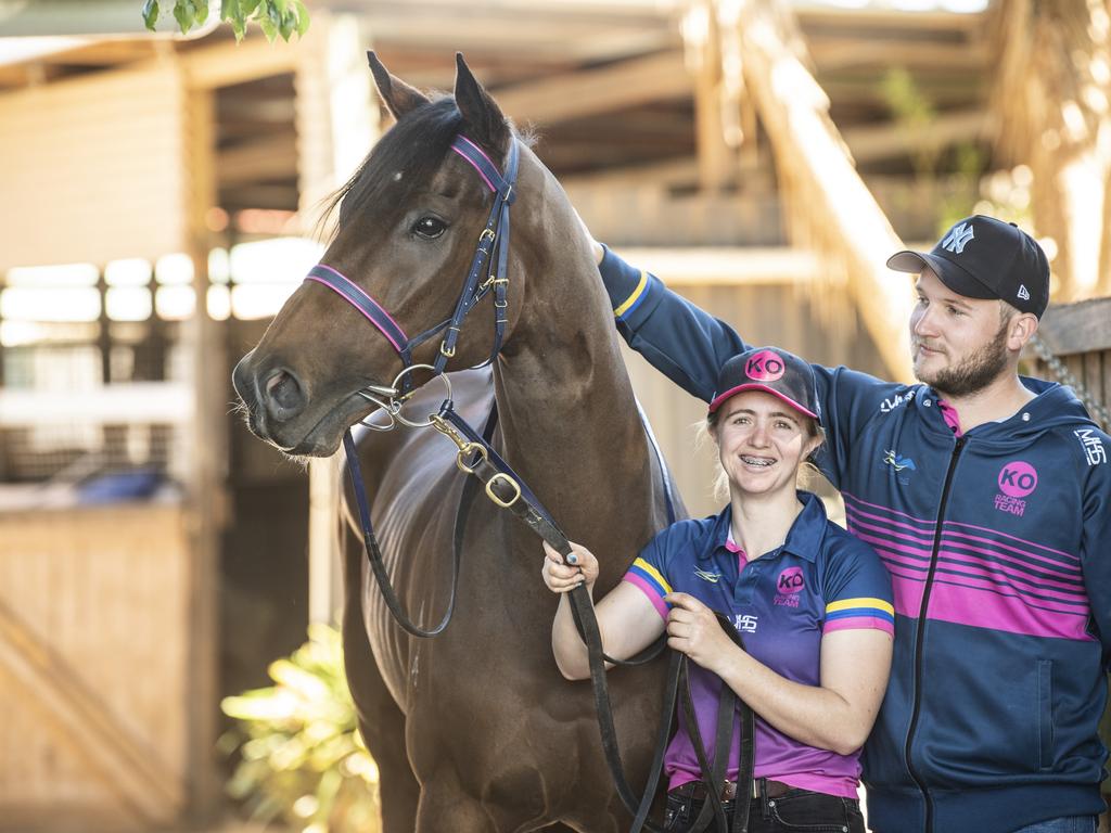 Stephanie Lacy, jockey and trainer Corey Geran with Chocolatier, running in the Toowoomba Cup. Picture: Nev Madsen