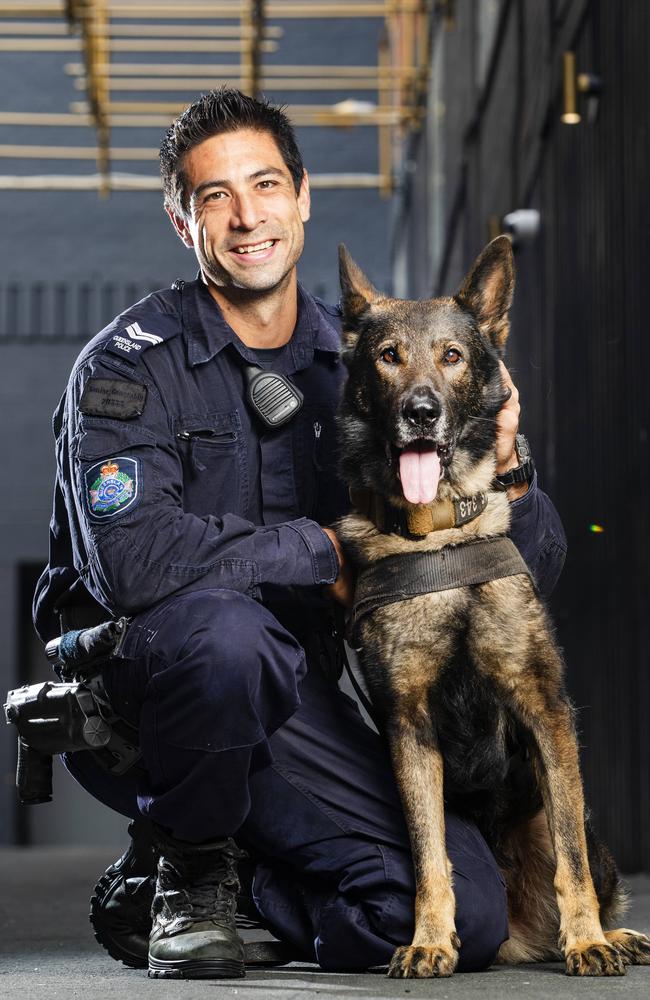 Senior Constable James “Jimmy” Griffiths with Police Dog Kaos. Picture: Lachie Millard