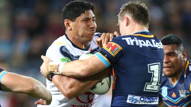 Cowboys star Jason Taumalolo charges into the Titans defence at Cbus Super Stadium. Picture: Getty Images