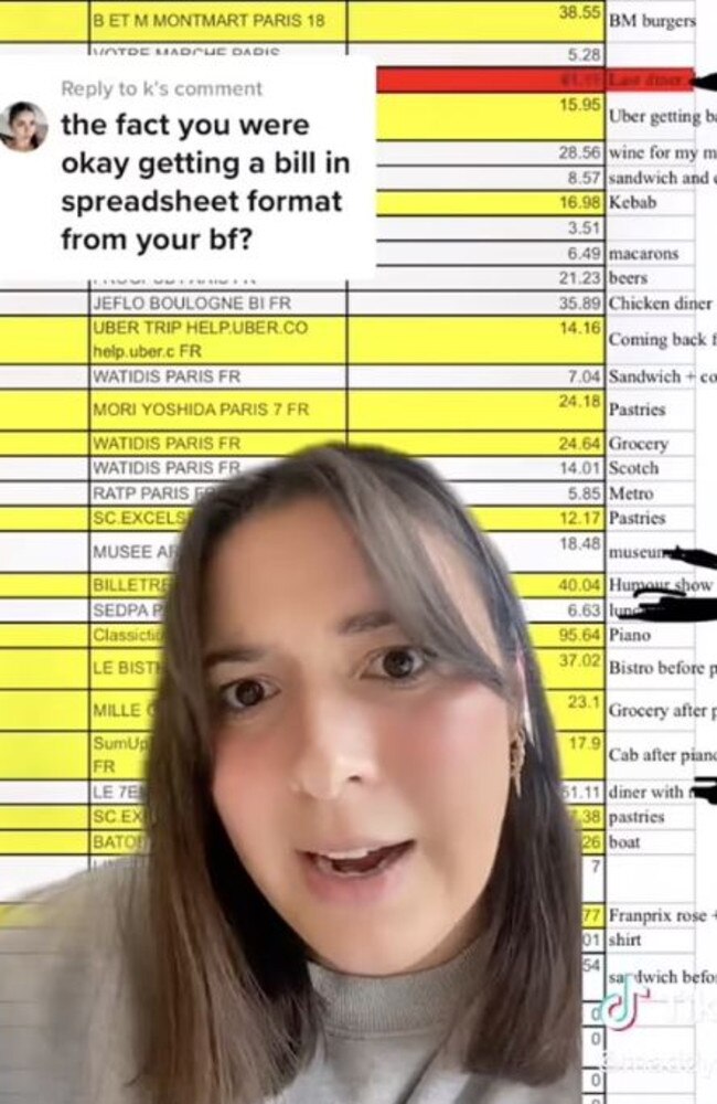 Maddy’s ex-boyfriend would send her a spreadsheet of expenses each month. Picture: TikTok/Maddy Blythe